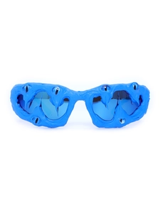 Front view of handmade monster sunglasses with blue lenses and eyeball frame decor