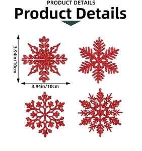 Detail of 4-piece 10cm red glitter snowflake ornaments with distinct geometric designs