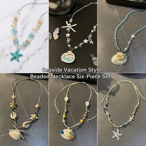 Starfish Shell Pendant Necklace Ceramic Alloy Colorful Beads Summer Beach Bohemian Vacation Jewelry For Women