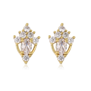 Close-up of geometric gold-plated earrings featuring oval zircon stones and halo crystals
