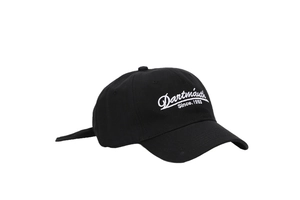 Close-up of white Dartmouth 1993 embroidery on black cotton sports baseball cap