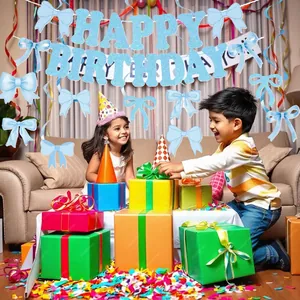 Blue glitter Happy Birthday banner with bows for children's themed party decoration