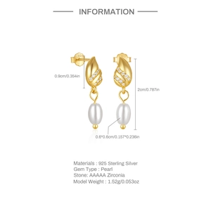Detailed view of S925 silver pearl drop earrings with cubic zirconia and size dimensions