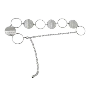 Bohemian silver wide metal waist chain featuring brushed circular discs and hollow rings