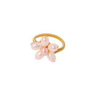 Handmade gold wire ring featuring a floral design with natural white and pink pearls