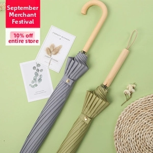 Macro detail of compact mini umbrellas with wooden J-handles in grey and green
