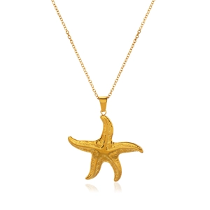 Polished golden starfish pendant necklace in stainless steel on white background