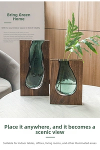 Close-up of dual wooden framed green glass vases with natural wood grain texture