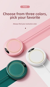Close-up of smart cup warmer in pink white and green with digital LED temperature display