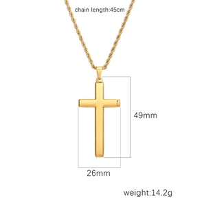 Golden stainless steel cross pendant necklace with twist chain and dimensions 49mm by 26mm