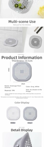 Close-up of 14cm square TPR drain hair catcher showing porous filter mesh details