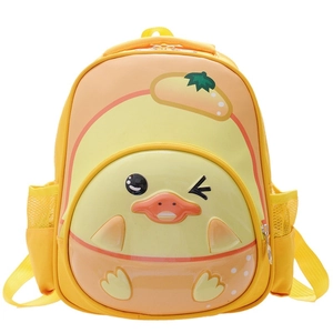 Cute yellow 3D hardshell duck backpack for kids with wink expression and side mesh pockets
