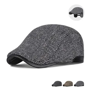 Men Winter Ivy Cap Woolen Tweed Flat Hat With Foldable Earflaps Fleece Lined Warm Patchwork Faux Leather