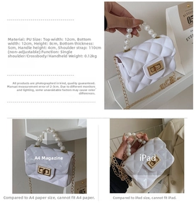 Mini white quilted jelly bag with pearl handle and golden chain, size 12x8x5cm