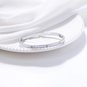 Elegant silver stainless steel bangle with shell inlay and cubic zirconia on porcelain