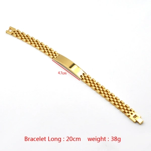 Gold stainless steel tank bracelet with 20cm watch band style links and engravable plate