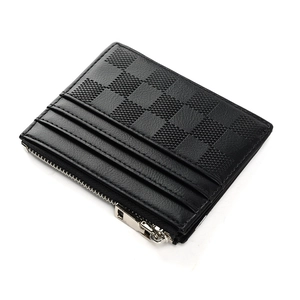 Slim black checkered leather wallet with zipper closure and multiple card slots