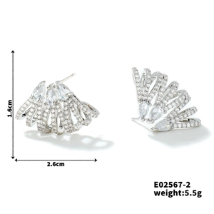 Detail view of fan-shaped silver zircon earrings showing dimensions 1.6cm x 2.6cm