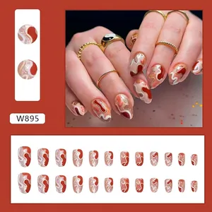 Abstract red and white wavy line press-on nails with gold glitter, size set W895