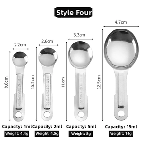 Detailed dimensions of 4-piece stainless steel measuring spoons set with engraved markers