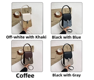Detail view of four-color patchwork PU leather mini handbags with silver metallic buckles