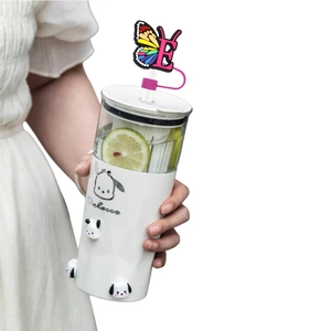 White cup with 10mm butterfly straw cover letter E and cartoon Pochacco accessory