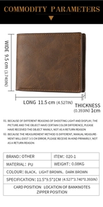 Short brown PU leather wallet for men with size dimensions 11.5x9.5x1CM and specs table