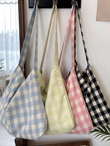 Plaid Canvas Tote Bag Large Capacity Korean Ins Style Casual Shoulder Crossbody Bag With Flower Charm For Women Students
