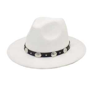 Classic white wool fedora hat with a black leather belt and silver metal studs