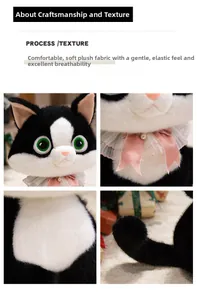 Detail of plush cat toy showing soft fabric texture, green eyes, and pink bow with pearl