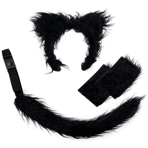 Black faux fur wolf ears headband, tail and paws cosplay costume set for Halloween