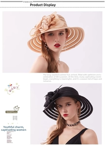 Detail of elegant mesh sun hat with large floral decor in beige and black colors