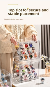 Detail of stackable acrylic display case showing stable slots for figure storage