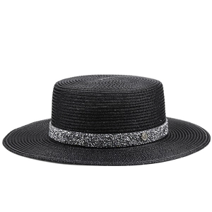 Chapeau de paille noir à bord plat avec ruban pailleté et détail logo M