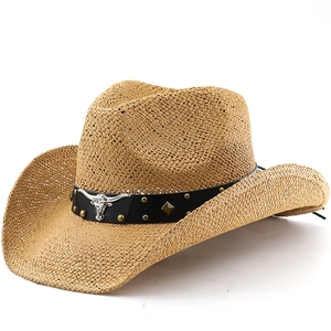 Western Cowboy Hat Straw Woven Wide Brim Bull Head Buckle Leather Band Vintage Retro Sun Protection Outdoor Beach