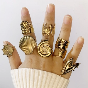 Vintage Chunky Ring For Women 316L Stainless Steel 18K Gold Plated Irregular Wrinkled Statement Adjustable Open Ring Heart Seashell