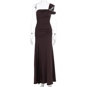 Detail of chocolate brown one shoulder dress with asymmetrical pleats and side split