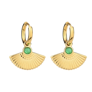 Elegant gold titanium steel fan earrings with round green gemstones in minimalist style