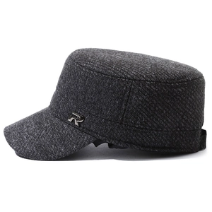 Men's wool winter cadet cap in dark grey tweed with warm fleece lining and metal R logo