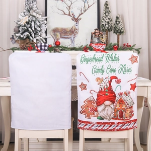 Christmas gnome chair cover set with festive gingerbread and candy patterns on white fabric