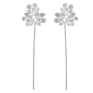 Detailed macro view of S925 sterling silver long linear floral dangle drop earrings