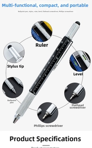 Detailed 6-in-1 multi-tool pen showing ruler scales, level, and screwdrivers