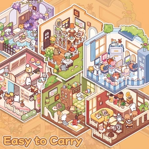 Mini cute cartoon animal stickers set featuring 6 different isometric room interior scenes