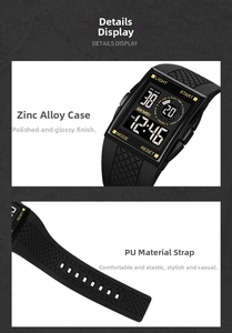 Detail view of the waterproof digital sports watch with zinc alloy case and PU strap