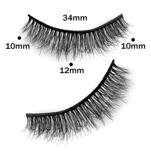 Macro detail of false eyelashes showing 34mm band length and 12mm 3D volume hair length
