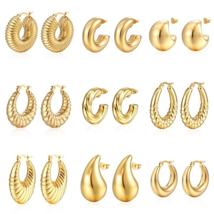9-pair set of gold hollow stainless steel hoop earrings in various textured designs