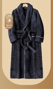 Thick navy blue fleece bathrobe for men and women featuring a lapel and white piping details