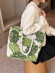 Women Large Capacity Canvas Tote Bag Cotton Rope Handle Printed Casual Beach Shoulder Handbag Retro Shopping Travel