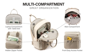 Detailed interior view of multi-compartment beige laptop backpack with functional storage pockets