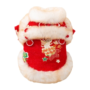 Traditional red Chinese Tang suit for dogs with rabbit embroidery and white faux fur trim